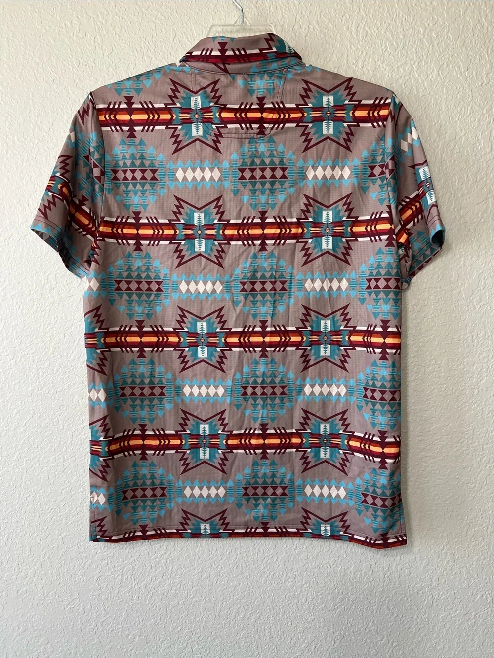Rock & Roll Denim Aztec Print Polo Shirt Brown Aqua Red S/S Men’s Size Med